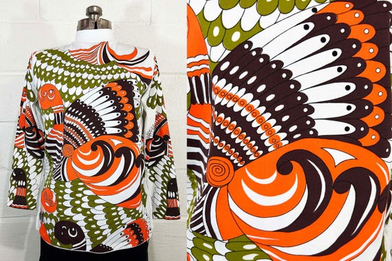Vintage Psychedelic Print Mock Neck Top 1960s 1970s Mod Orange Green Brown Long Sleeve Blouse Large