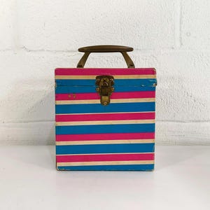 Vintage 45 Box Record Case Holder Storage Mid-Century Retro Vinyl Records Musical Pink Blue Gold Plastic Handle Mod Stripe Striped