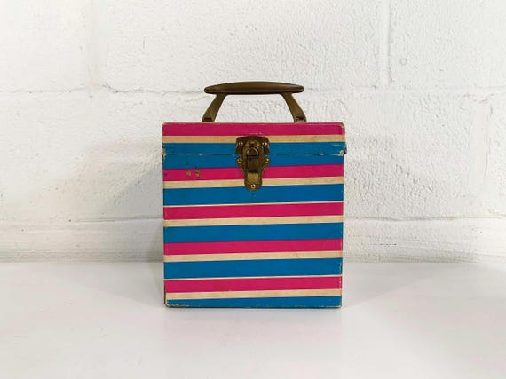 Vintage 45 Box Record Case Holder Storage Mid-Century Retro Vinyl Records Music Musical Pink Blue Gold Plastic Handle Mod Stripe Striped