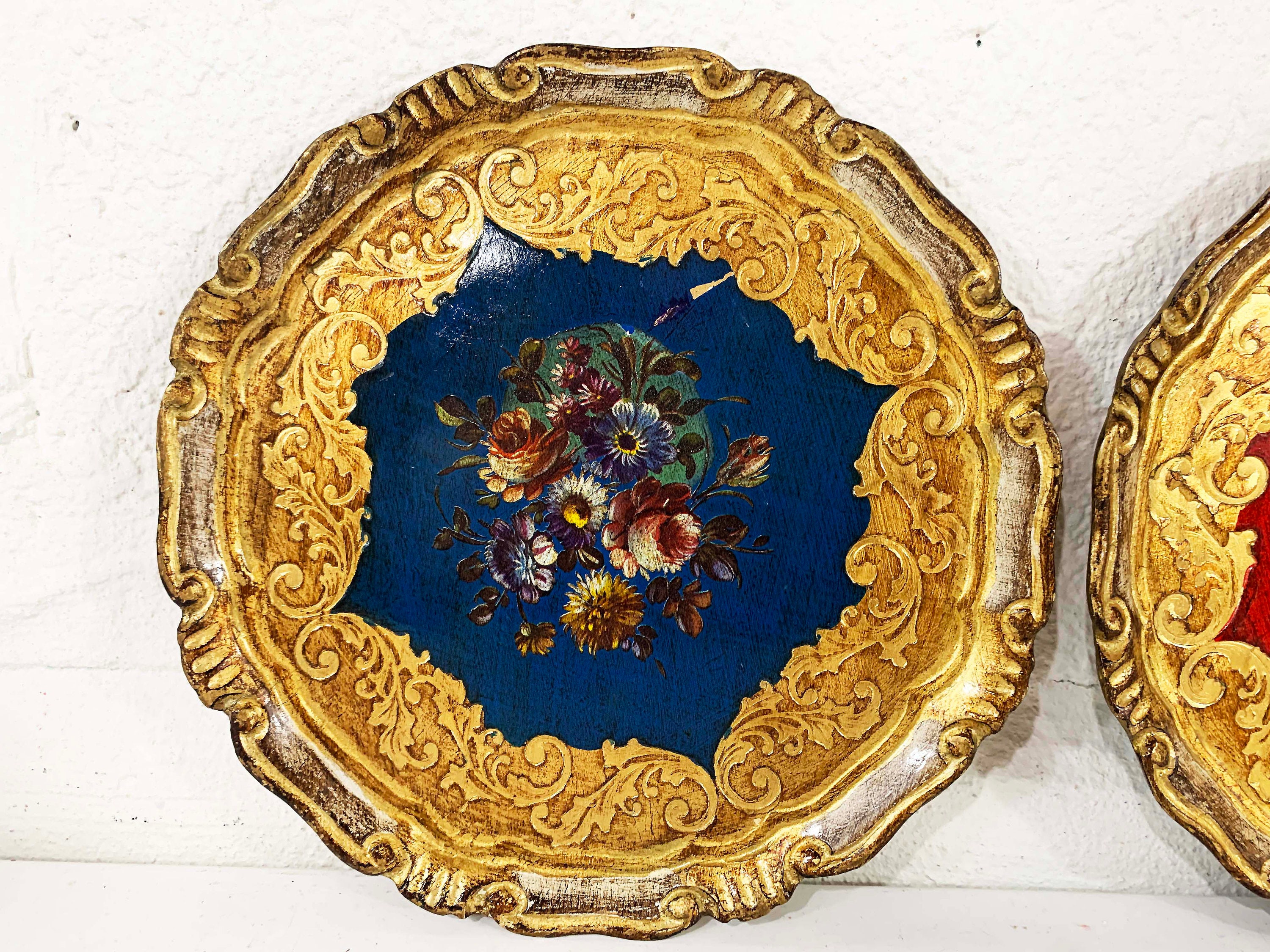 Vintage Italian Serving Trays Florentine Hand Painted Gold Red Cocktail ...