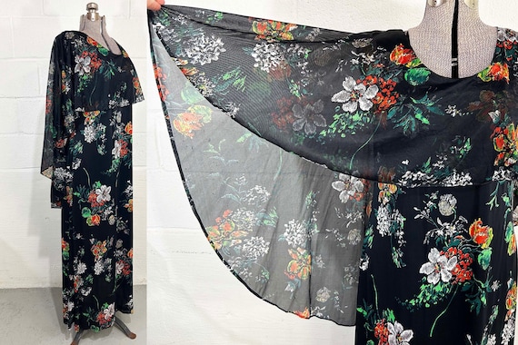 Vintage Black Floral Party Dress Evening Gown Sheer Cape Sleeveless New Year's Eve Goth Vamp Capelet 1970s Medium Large