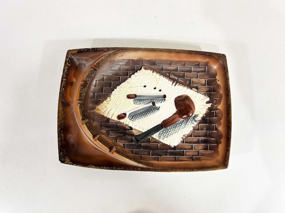 Vintage Mid-Century Brown Ashtray Nippon Tislo Dish Mid-Century Porcelain Japan 1960s 1950s Pipe Cigarettes 3D