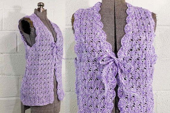 Vintage Purple Chunky Crochet Net Cardigan Helen Sue Sleeveless Sweater 70s 1970s Mod Knit Medium