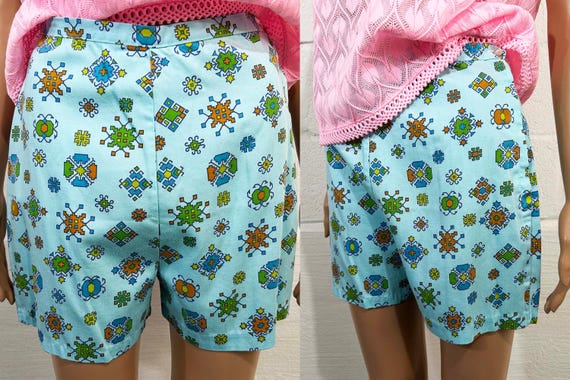 Vintage Blue Geometric Shorts Cotton Short Hot Pants TV Movie Costume 1960s Small XS