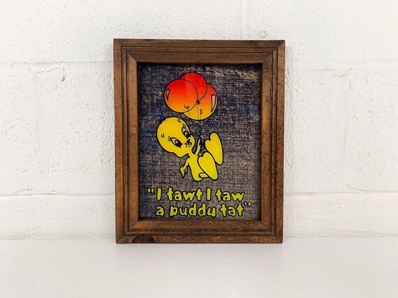 Vintage Framed Tweety Bird Art Carnival Prize Mirror Cartoon Fair Game 1970s 70s Wall Dopamine Decor Nursery Kids Looney Tunes Wooden Frame