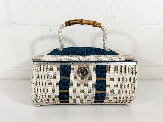 Vintage Sewing Basket Knitting Crocheting Textile Blue Floral Flower Power Notions Storage Mid-Century 1960s