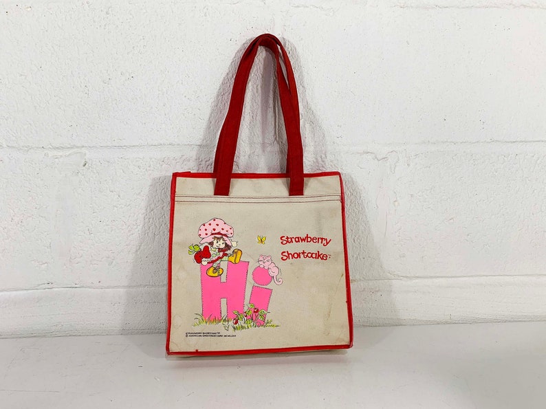 Vintage Strawberry Shortcake White Canvas Bag Cartoon Tote American Greetings 1980s 1980 80s Aesthetic Dopamine Colorful Kitsch Kawaii Cute image 1
