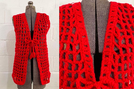Vintage Red Chunky Crochet Net Cardigan Helen Sue Sleeveless Sweater 70s 1970s Mod Knit Open Tie Front Medium