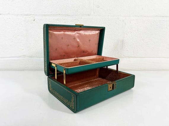 Vintage Green Farrington Jewelry Box Crushed Pink Velvet Case Vanity Retro Storage 1950s Organizer