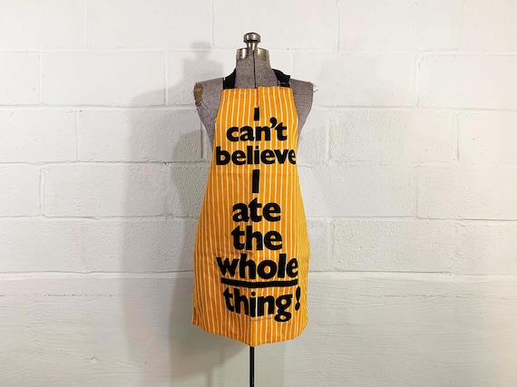 Vintage Cotton Apron I Can't Believe I Ate the Whole Thing! Yellow White Vertical Striped 1980s 80s Kitchen Now! Designs San Francisco