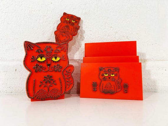 Vintage Orange Kitty Desk Organizer Set, 1970s Cat Letter Opener
