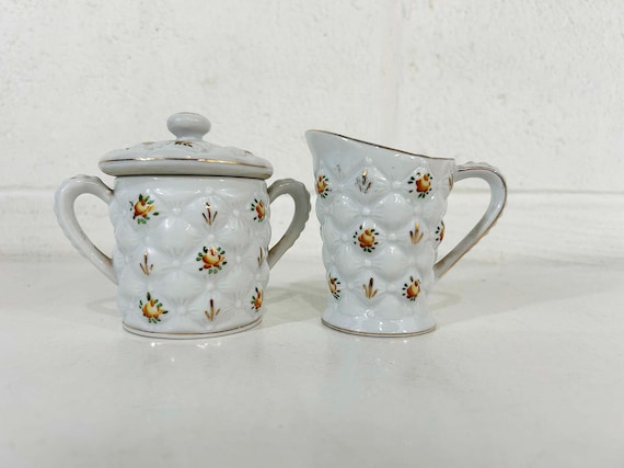 Vintage Sugar Creamer Set Pair Coffee Cream Enesco Quilted Yellow Floral TV Movie Prop Aesthetic Retro Kitsch Kitschy 1950s
