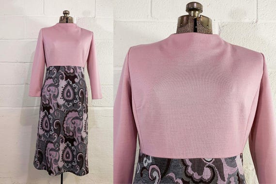 Vintage Mod Midi Dress Paisley Floral Print Pink R&K Knits Prom Wedding Holiday Party Twiggy Long Sleeves 1960s 60s Large