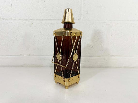 Vintage Swiss Harmony Musical Liquor Decanter Glass Scotch Whiskey Cocktail Bar Cart Barware 1950s Amber Gold