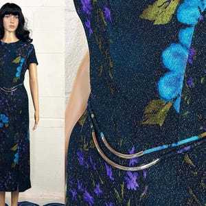 Vintage Glittery Midi Dress Leg Slit Short Sleeve Glitter Formal Prom New Year&#39;s Wedding Floral Blue 1990s Small Medium