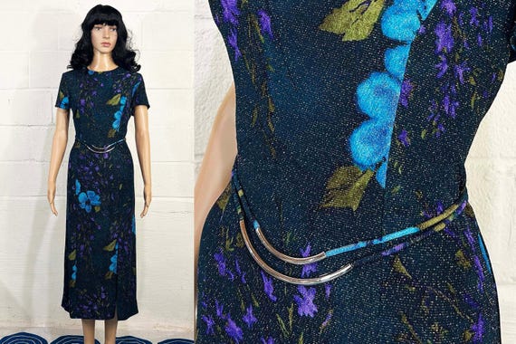 Vintage Floral Blue Glittery Midi Dress Leg Slit Short Sleeve Glitter Scarlett Formal Prom New Year's Party Wedding 1990s Small Medium