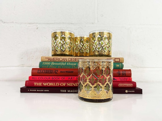 Vintage Culver Valencia Glasses Set of 4 Rocks Old Fashioned 1960s Barware Bar MCM Mad Men Mid Century 60s Whiskey Glass 22kt Gold Filigree