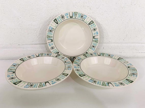 Vintage Mid Century Atomic Taylorstone Cathay Shallow Bowls Set of 3 Salad Soup Aqua Blue Atomic China Sage Green MCM Mad Men 1960s 60s