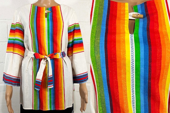Vintage Serape Rainbow Belted Tunic Mexican Cotton Top Striped 1970s Bell Sleeves Hippie 70s Large XL