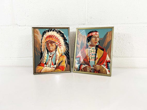 Vintage Framed Native American Paint By Numbers Set, Amature Art, 1960s 1950s Wall Decor Mid-Century Southwestern