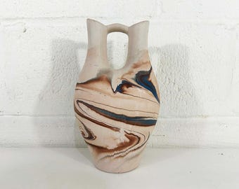 Vintage Nemadji Wedding Vase Cream Brown Blue Seven Falls Colorado Pottery 1970s