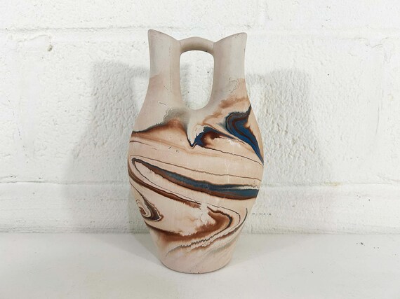 Vintage Nemadji Large Wedding Vase Swirl Handmade USA Brown Blue Swirl Vanity Seven Falls Colorado MCM Double Spout Art Pottery