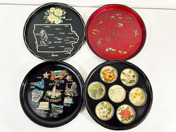 Vintage Metal State Drink Tray Plate Souvenir Map Mid-Century Barware Flower Floral 1970s Colorado Texas Alabama Iowa - Sold Individually