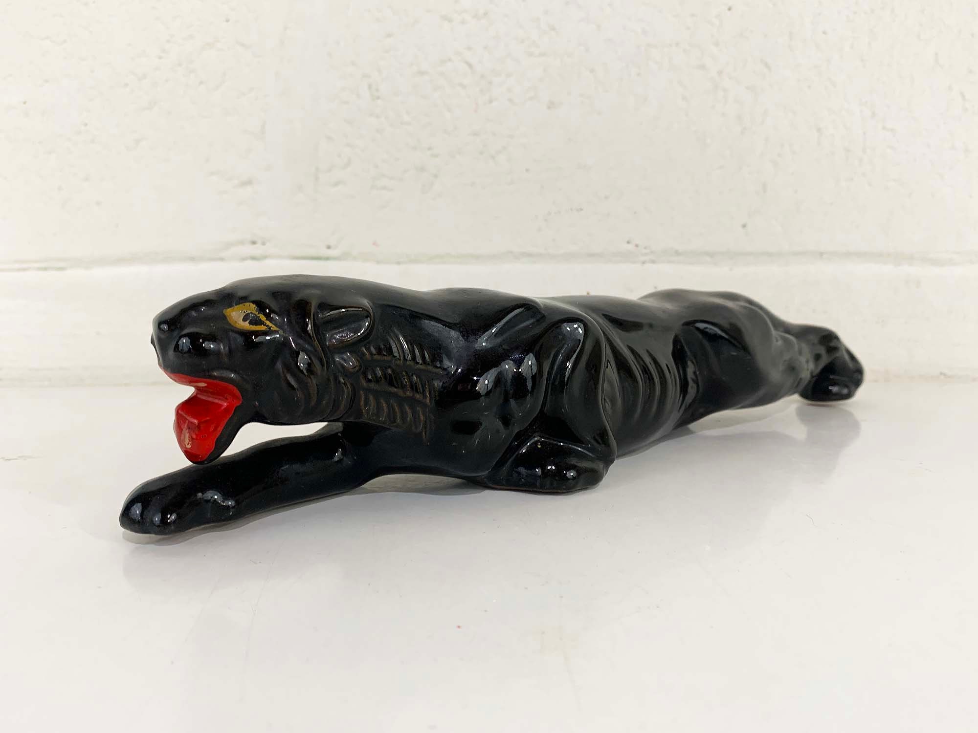 Vintage Black Panther Figurine Ceramic Cat Stalking Clay Red Ware Retro