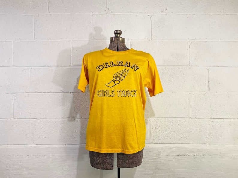 Vintage Yellow T-Shirt Jerzees Delran Girls Track Single Stitch Short Sleeve Tee Hipster Shirt New Jersey Unisex 1980s 80s Large image 2