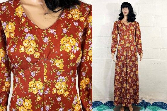 Vintage Floral Rust Maxi Dress Long Sleeves Flowers V-Neck Hostess Gown 1960s Dopamine Dressing 1970s 70s Brown Empire Prom Formal Medium