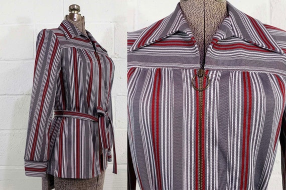 Vintage Striped Blouse Tunic Burgundy Gray Maroon Long Sleeves Mod Belted O Ring Zipper 1970s 70s Medium