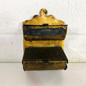 Vintage Gold Metal Match Safe Well Holder Mid-Century Antique Tin  Rustic Industrial Decor Kitchen Brass
