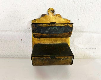 Vintage Gold Metal Match Safe Antique Tin Rustic Industrial Decor Kitchen Brass
