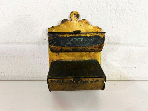 Vintage Gold Metal Match Safe Well Holder Mid-Century Antique Tin Mantique Rustic Industrial Decor Kitchen Brass
