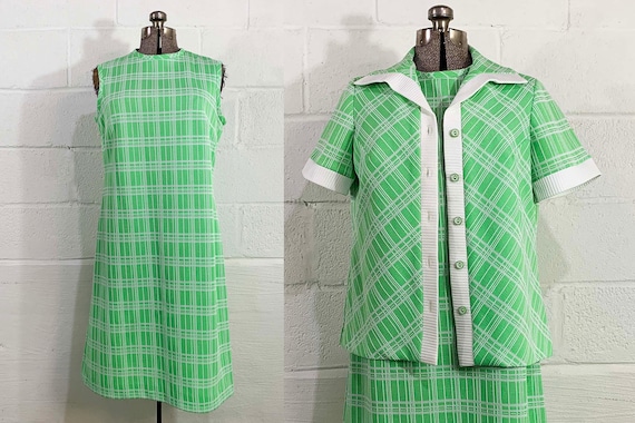 Vintage Bright Green Mod Dress Checkaberry Plaid Shift Sleeveless Short Sleeve Jacket Dagger Collar 1960s 1970s Large XL