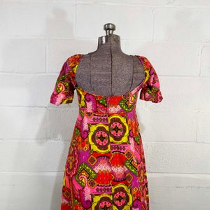 Vintage Hostess Dress Maxi Fuchsia Pink Tiki Short Sleeves Hawaii Empire Waist A-Line Tropical Day-Glo Sweetheart Scoop Neck XS XXS 1960s image 9