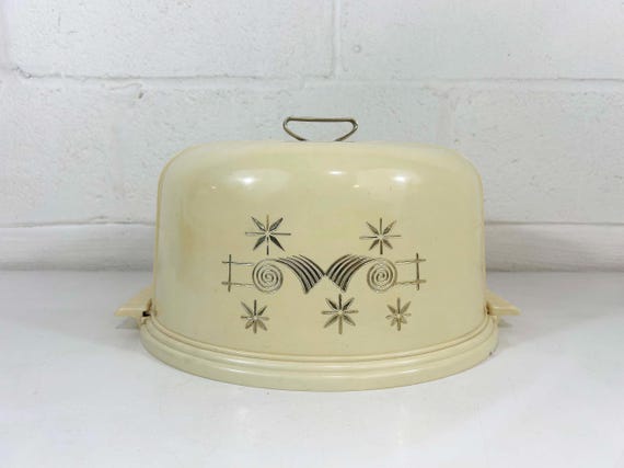 Vintage 1950s Cake Carrier Mid Century Birthday Mad Men Kitchen Storage Lustro Ware 12" Locking Cover Plastic Plate Ivory Cream