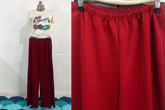 Vintage Maroon Pants Burgundy Mod Pantsuit 1960s 1970s Wide Leg Pants Seam Red Wine Textured Separates Medium