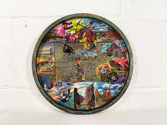 Vintage Metal Colorado Drink Tray Plate Souvenir Retro Round Mid-Century Barware Black White Purple Gold Scarlet Columbine Bar