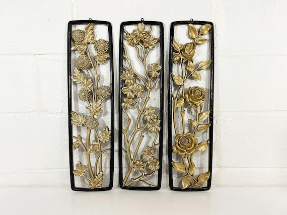 Vintage Dart Floral Wall Decor Set of 3 Gold Hollywood Regency Floral MCM 1954 1950s