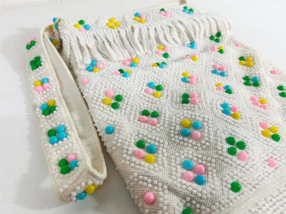 Vintage Beaded Handbag Rainbow Bead Purse Slouchy Colorful Hippie Tote Bag Emson Hong Kong Boho Candy Dot Fringe Tassel 1960s Cute Kawaii