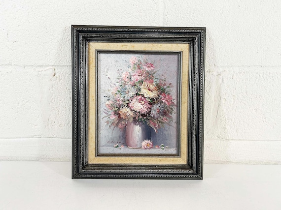 Vintage Framed Floral Impasto Oil Painting by Maurice Helman Wall Decor Country Provence Spring Wood Frame Bouquet Vase