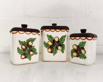 Vintage Canister Set Ceramic Wood Lids Mid-Century Kitchen Retro Hand Painted Canisters Acorns Fall Autumn Kitsch Cute 1960s 1950s