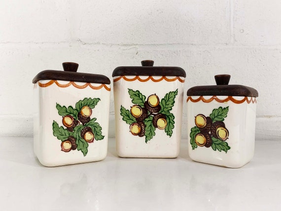 Vintage Canister Set Ceramic Wood Lids Mid-Century Kitchen Retro Hand Painted Canisters Acorns Fall Autumn Kitsch Cute 1960s 1950s