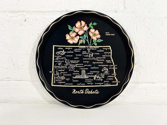 Vintage North Dakota Drink Tray Plate Souvenir Barware Black Wild Praire Rose Bar Bismarck