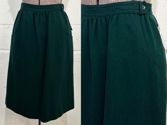 Vintage Hunter Green Wool Skirt Panther Dark Deep Teal Forest Academia A Line Woolmark 1970s 1980s Small