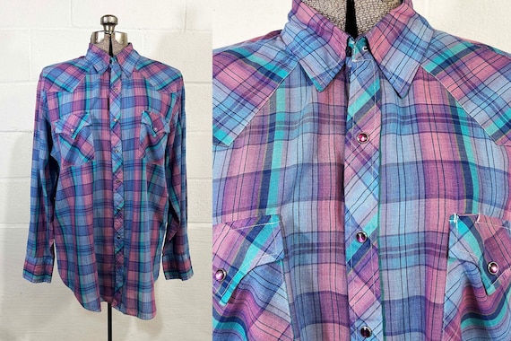 Vintage Western Shirt ELY Championship Cowboy Purple Blue Plaid Print Cowgirl Pearl Snap Front Long Sleeve 1980s XL 2XL