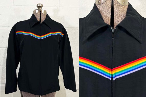 Vintage Nylon Rainbow Jacket Black Windbreaker Bodywaves Surfer Style 1980s 1990s Large XL