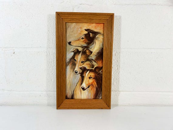 Vintage Collie Dogs RF Harnett Signed Litho MCM Border Lassie Print Framed 1960s Retro Decor Nursery Kid's Room