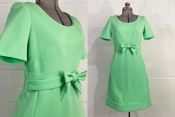 Vintage 60s Green Mini Dress Mint Bow Mod Mad Men Megan Draper Short Sleeve Party Prom Twiggy Small 1960s
